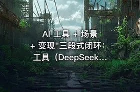 AI 工具 + 场景 + 变现"三段式闭环：工具（DeepSeek / 即梦 / 可灵 / 海螺 / 剪映）→ （60+ 种 AI 爆款内容）→ 变现（好物带货、任务挂载、实体获客
